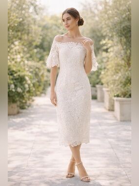 Off-the-Shoulder Lace Midi Dress in Ivory